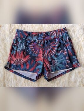 Floral Feathers Graphic Performance Women's Shorts - Navy Coral & Teal Size XL